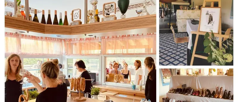 Eine Collage verschiedener Aktivitäten in einem Geschäft mit verschiedenen Frauen bei verschiedenen Aktivitäten wie Trinken, Durchstöbern von Artikeln, Einkaufen, Arbeiten am Laptop und einer Sammlung von Schuhen.