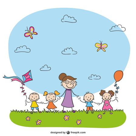 Eine Illustration einer Frau mit Brille und fünf Kindern an einem sonnigen Tag mit Drachen und Ballons am Himmel.