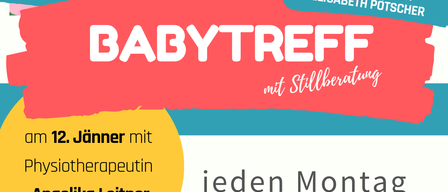 Ein Flyer für ein Baby-Treffen mit Physiotherapeutin Angelika Leitner jeden Montag von 10:00 bis 12:00 Uhr. Der Flyer zeigt Babys und enthält Informationen über kostenlosen Eintritt. QR-Code vorhanden.