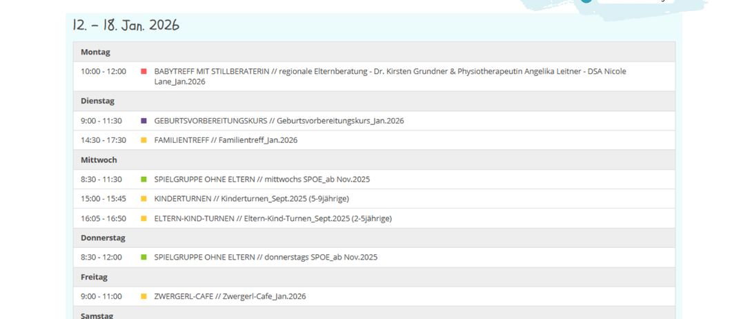 Infografik zeigt Aktivitäten und Termine für den Zeitraum vom 12. bis 18. Januar 2026. Verschiedene Veranstaltungen sind aufgelistet, darunter 'BABYTREFF MIT STILLBERATER,' 'GEBURTSVORBEREITUNGSKURS,' 'FAMILIENTREF' und 'SPIELGRUPPE OHNE ELTERN.' Ein QR-Code führt zu weiteren Informationen auf der Website.