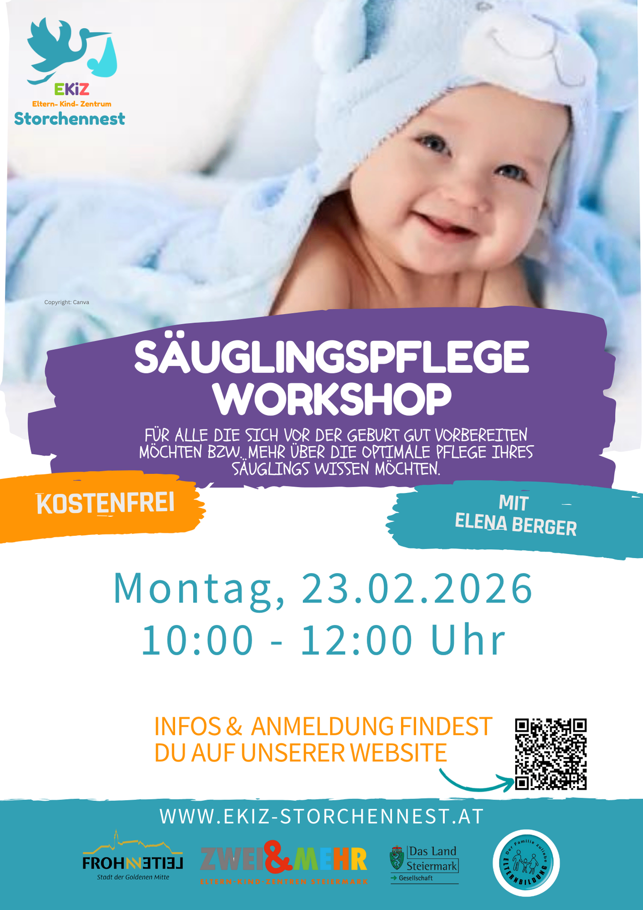 Plakat für einen kostenlosen Workshop zur Säuglingspflege. Er findet am 23.02.2026 von 10:00 bis 12:00 Uhr statt. Der Workshop wird von Elena Berger geleitet. Weitere Informationen und Anmeldungen finden Sie auf ihrer Website.