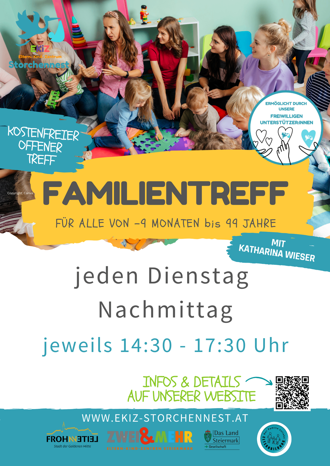 Familientreffen-Flyer für Kinder von 9 Monaten bis 9 Jahren, jeden Montagnachmittag von 14:30 bis 17:30 mit Katharina Wieser. Kostenlos, gefördert durch freiwillige Unterstützerinnen.