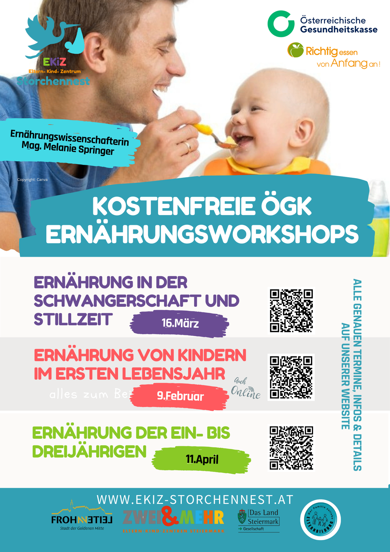 Plakat für kostenlose Ernährungsworkshops. Themen sind Ernährung in der Schwangerschaft und Stillzeit, Ernährung von Kindern im ersten Lebensjahr und Ernährung von Ein- bis Dreijährigen. Termine sind 16. März, 9. Februar und 11. April. QR-Codes für weitere Informationen sind vorhanden.