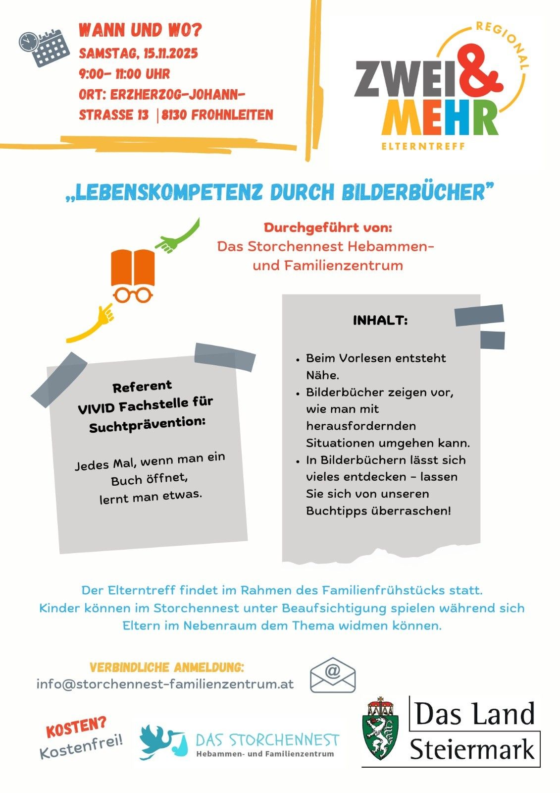 Infographic on 'Life Skills through Picture Books' by the Storchennest Midwifery and Family Center. The event includes guided reading, learning how to deal with situations, and surprise book tips.