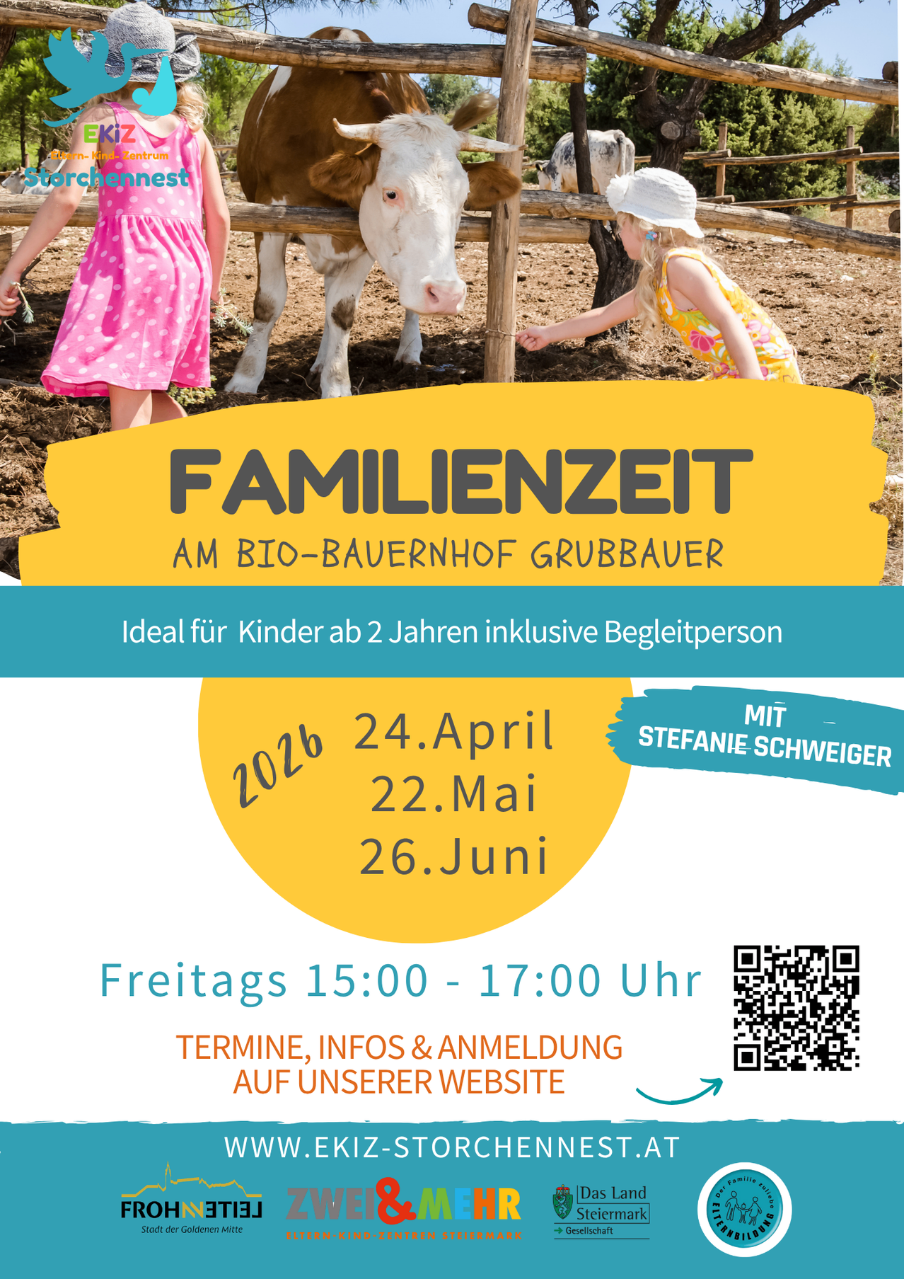 Poster for family time at Grubbauer Bio Farm. Dates: April 24, May 22, June 26. Times: 15:00-17:00. Ages 2+. QR code for website.