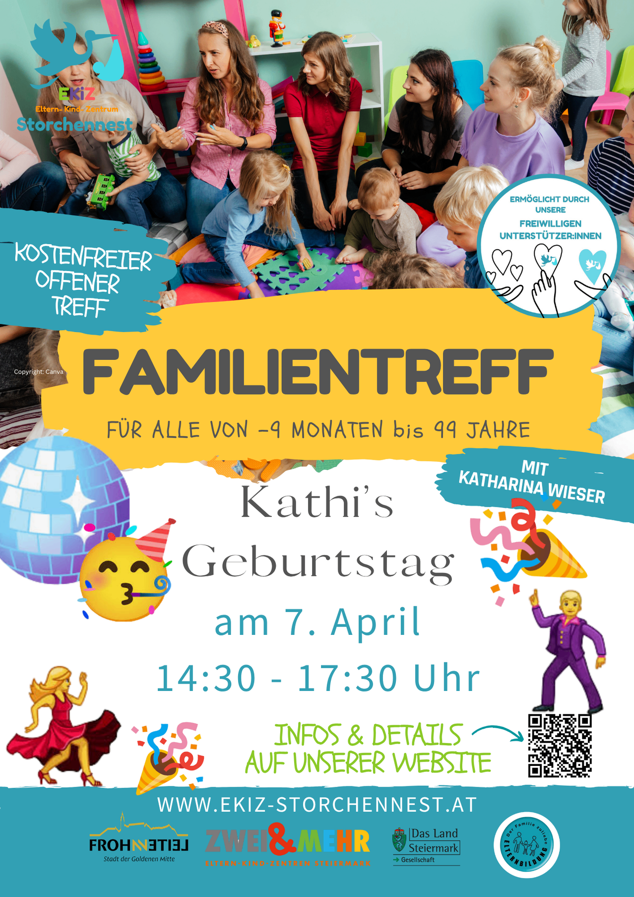 Familientreffen für alle von 9 Monaten bis 99 Jahren, zur Feier von Kathis Geburtstag am 7. April von 14:30 bis 17:30 Uhr. Freier Eintritt.