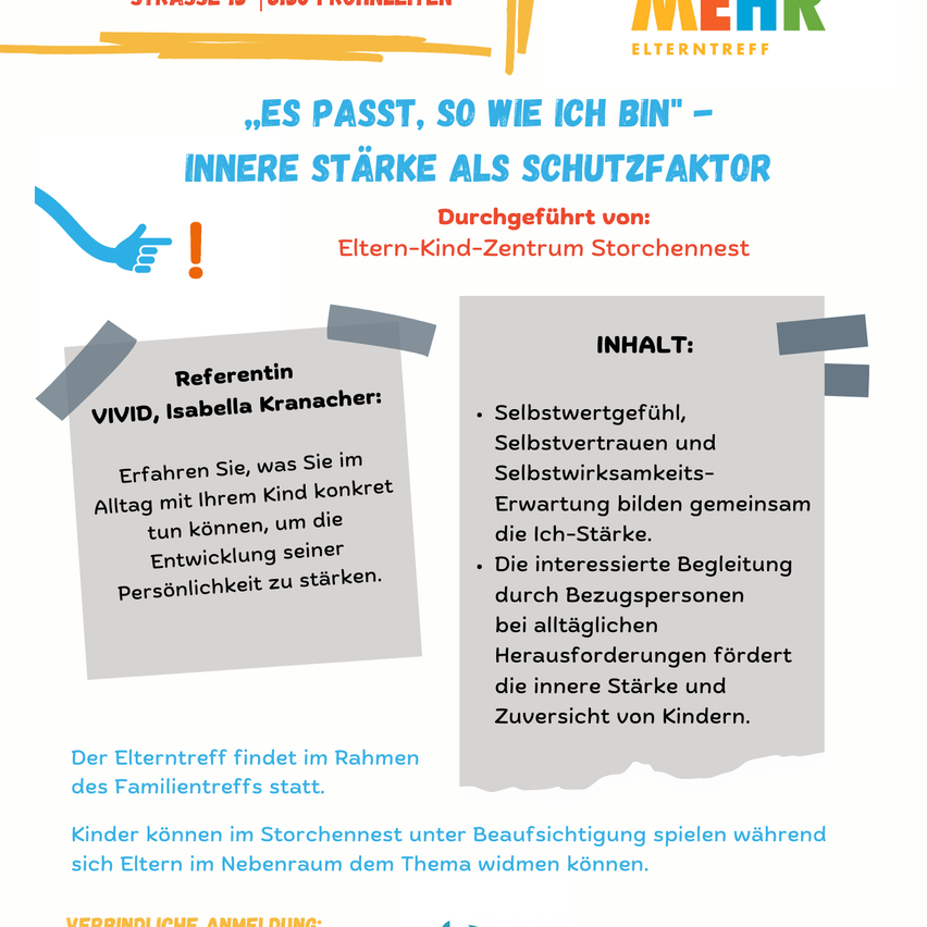 The poster promotes a parental meeting on inner strength as a protective factor. It's organized by the Storkennest Parent-Child Center. The content includes self-worth, self-confidence, and effectiveness. Interaction with caregivers fosters inner strength and confidence in children. The meeting is part of the Family Meeting.