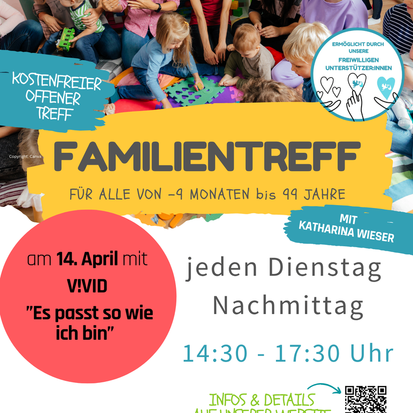 Poster for a free family meetup on April 14, with VIVID. Open to all ages from 9 months to 99 years. Every Tuesday afternoon from 2:30 PM to 5:30 PM. Hosted by Katharina Wieser.
