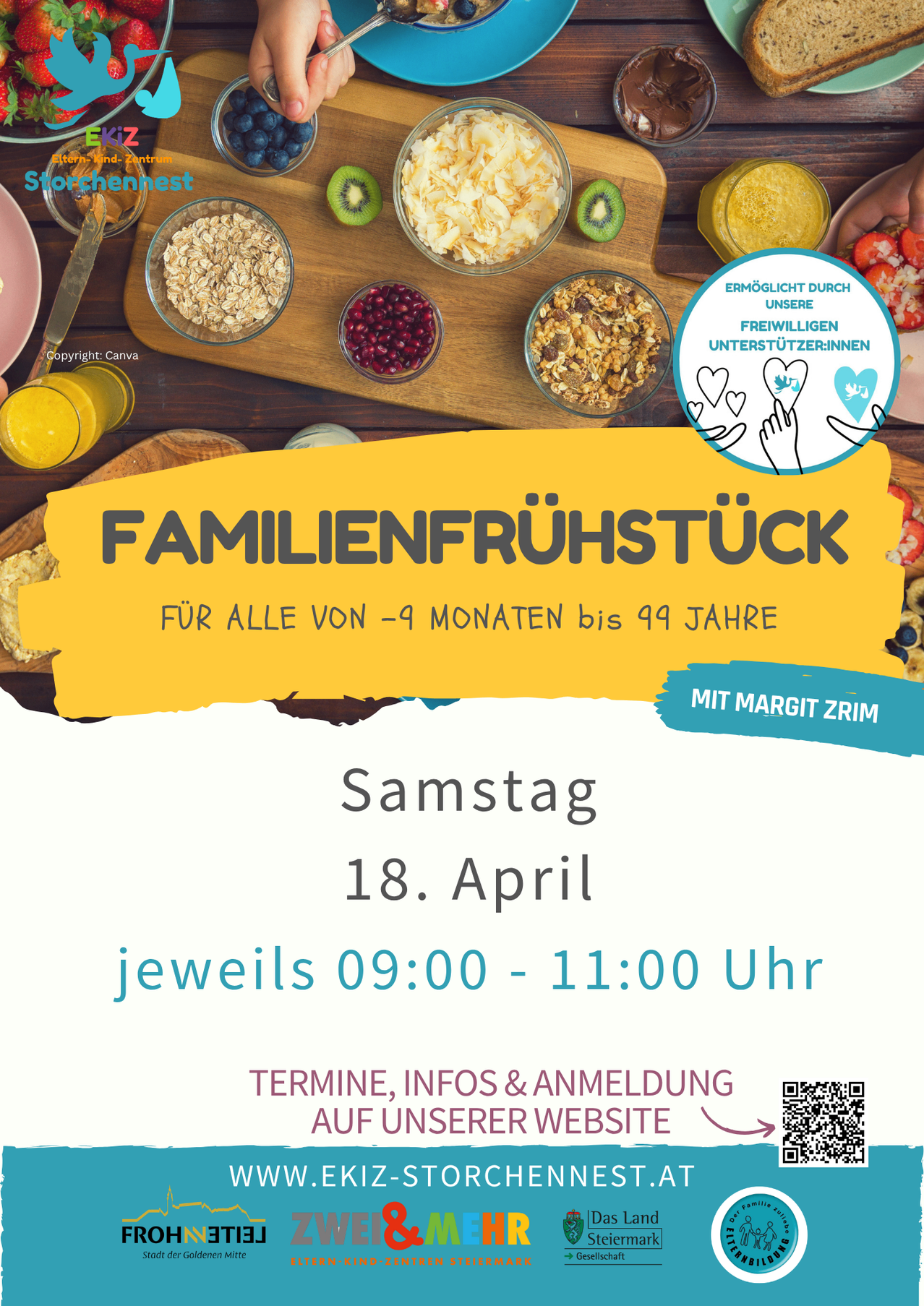 Poster for family breakfast event, with a table of various foods, held on Saturday, April 18 from 09:00 to 11:00. It is for all ages from -9 months to 99 years. QR code for registration.