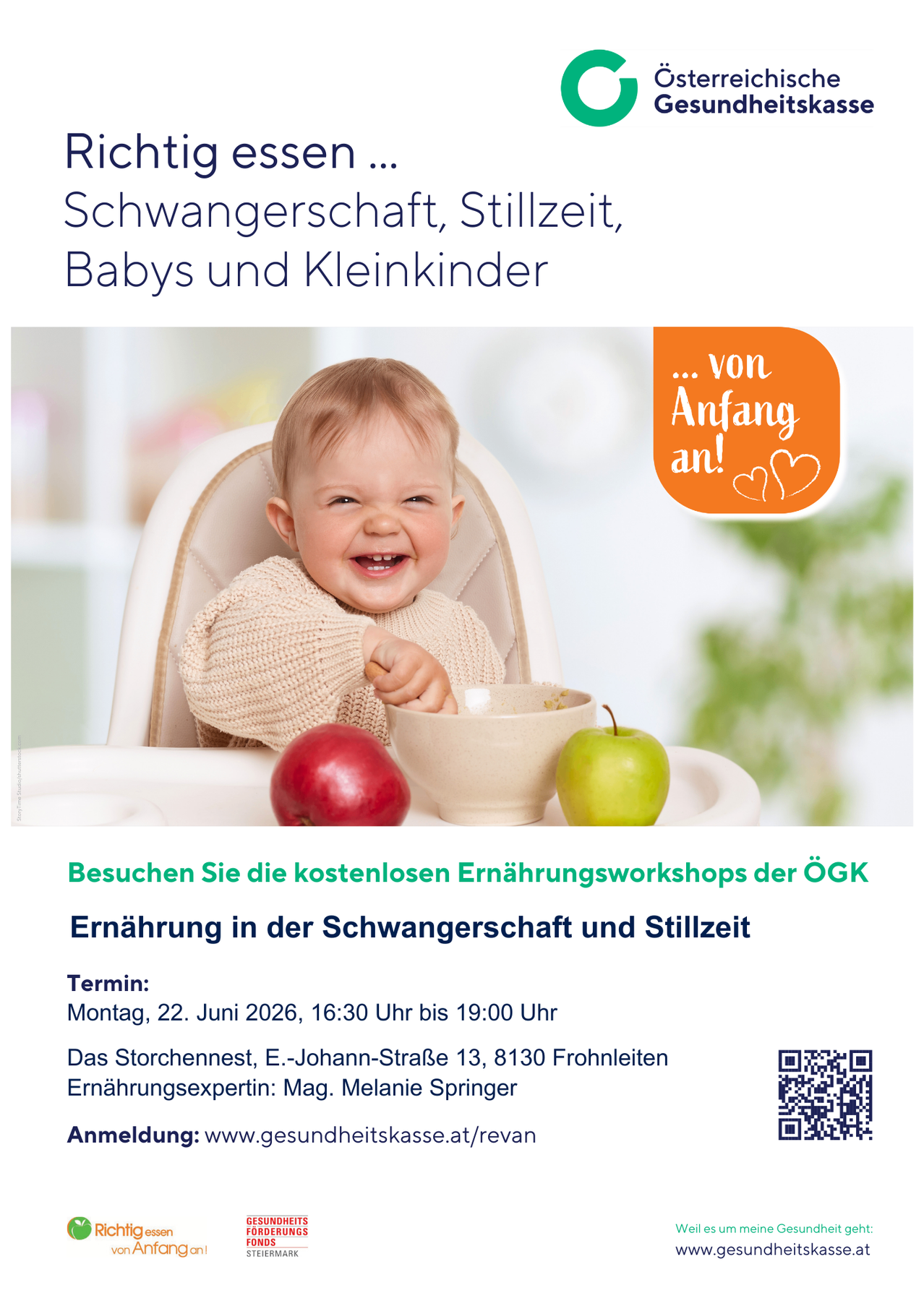 Bild eines lächelnden Babys in einem Hochstuhl mit einem Apfel in einer Schüssel. Veranstaltung: Kostenlose Ernährungsworkshops für Schwangerschaft und Stillzeit. Datum: 22. Juni 2026, 16:30 bis 19:00 Uhr. Ort: Das Storchennest, E.-Johann-Straße 13, 8130 Frohnleiten. Ernährungsexpertin: Mag. Melanie Springer. QR-Code.