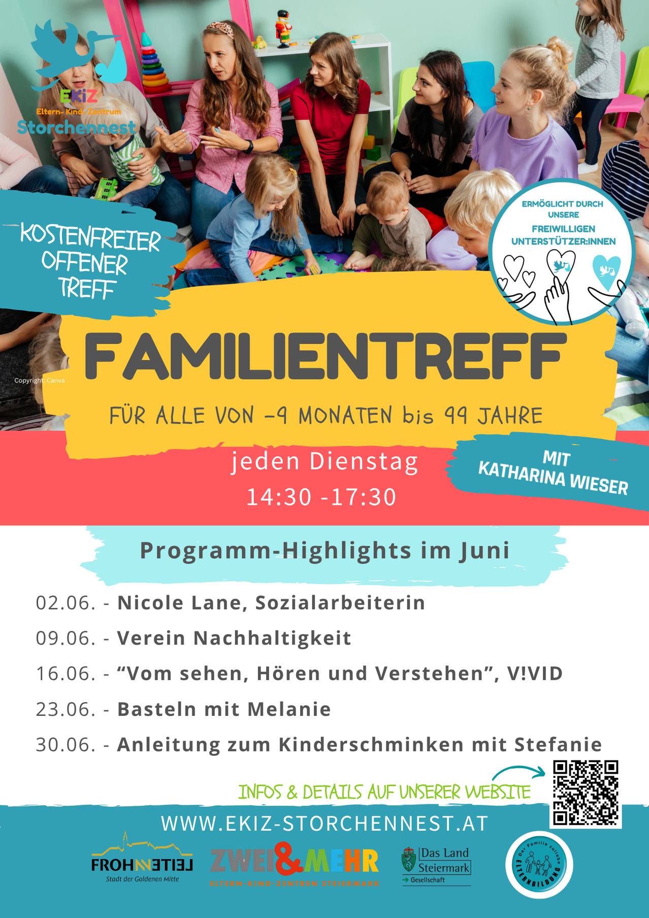 Familientreffen für alle von 9 Monaten bis 99 Jahren jeden Dienstag von 14:30 bis 17:30 Uhr. Juni-Programm-Highlights beinhalten Nicole Lane, Sozialarbeiterin am 02.06., Verein Nachhaltigkeit am 09.06. und mehr. QR-Code für die Anmeldung.