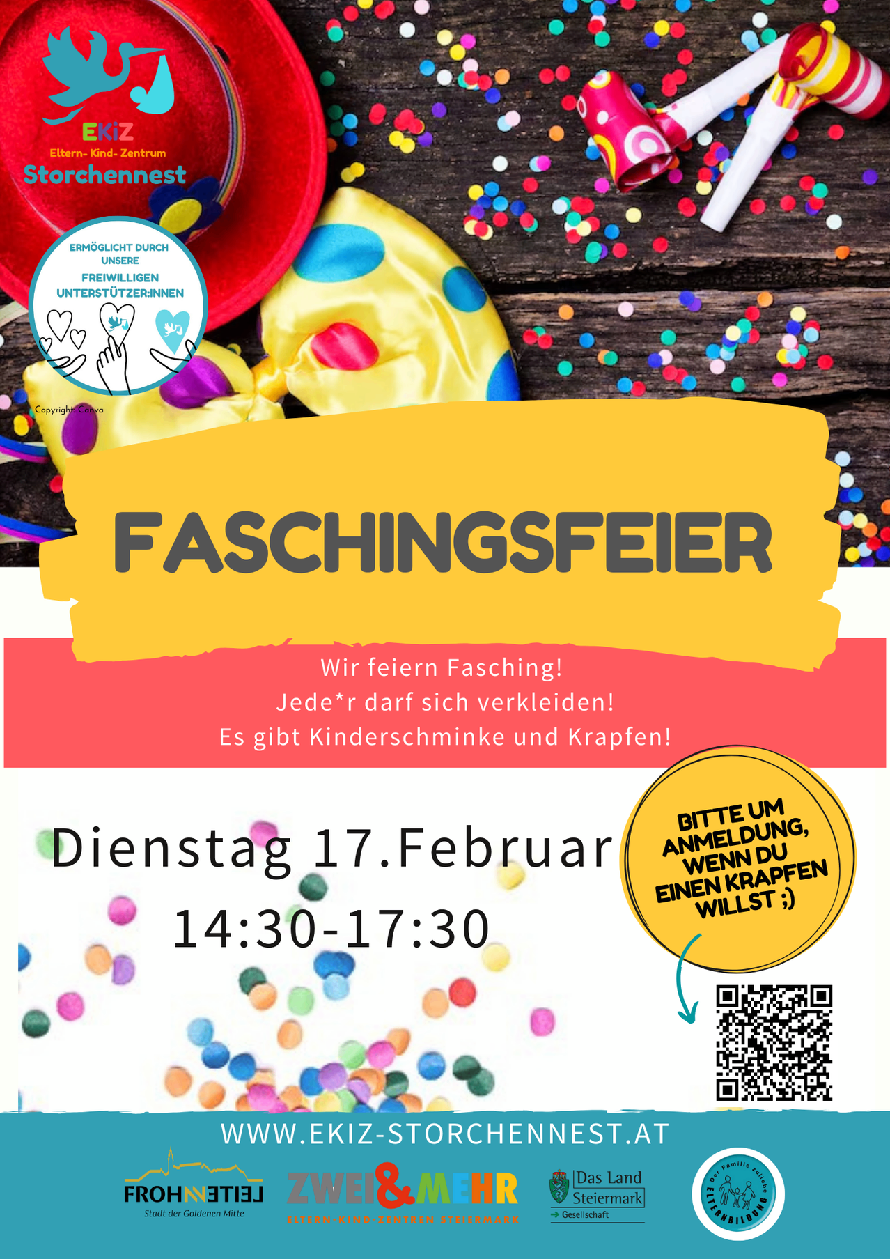 A poster advertises a Faschingsfeier on Tuesday, February 17th, from 2:30 PM to 5:30 PM. It features colorful confetti, hats, and a QR code for registration. The event is hosted by volunteers.