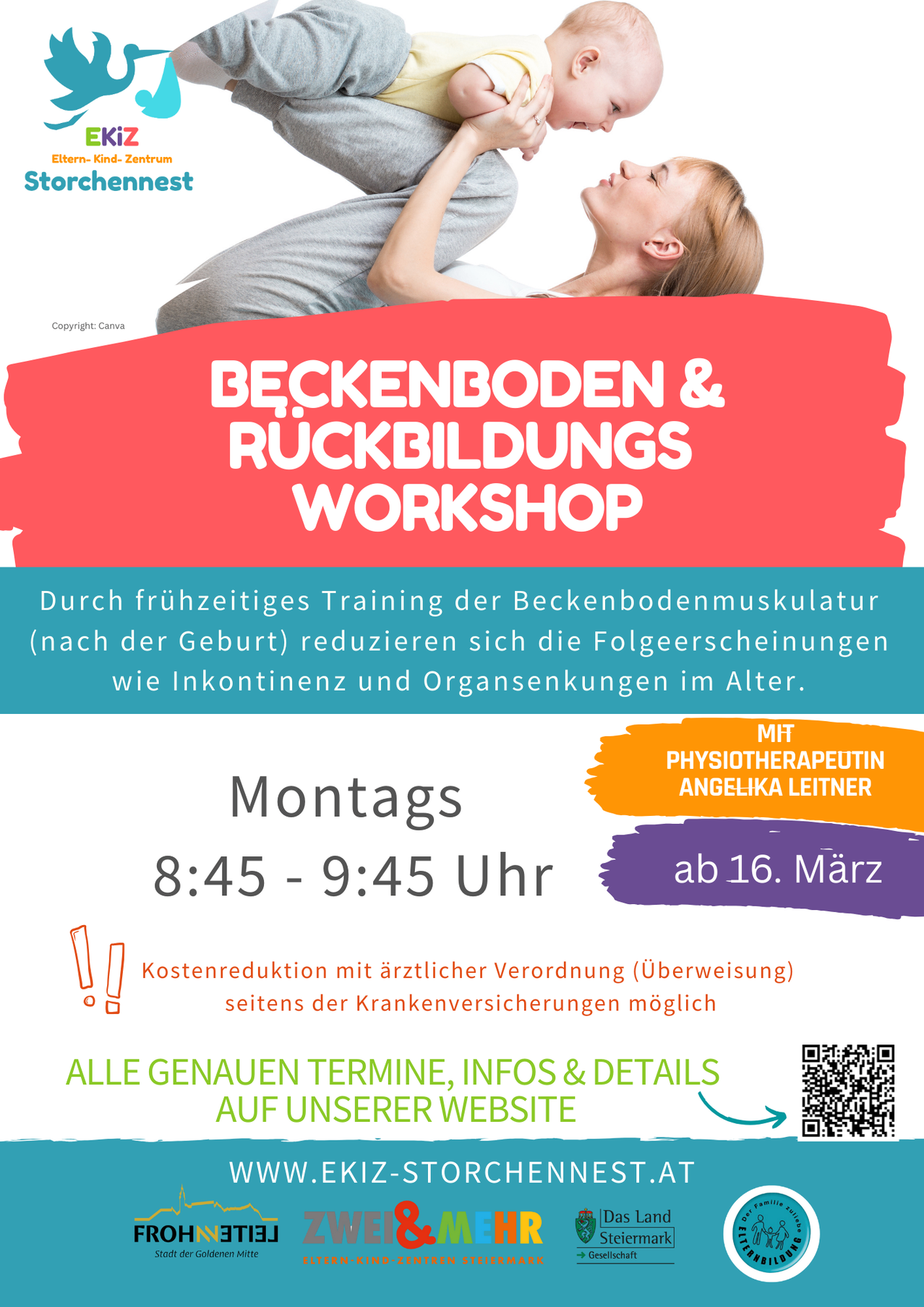 Workshop on pelvic floor and back training. Early training of the pelvic floor muscles can reduce symptoms like incontinence and organ prolapse in old age. By physiotherapist Angelika Leitner, Mondays, 8:45-9:45. Cost reduction possible with doctor's prescription. Visit our website for details.