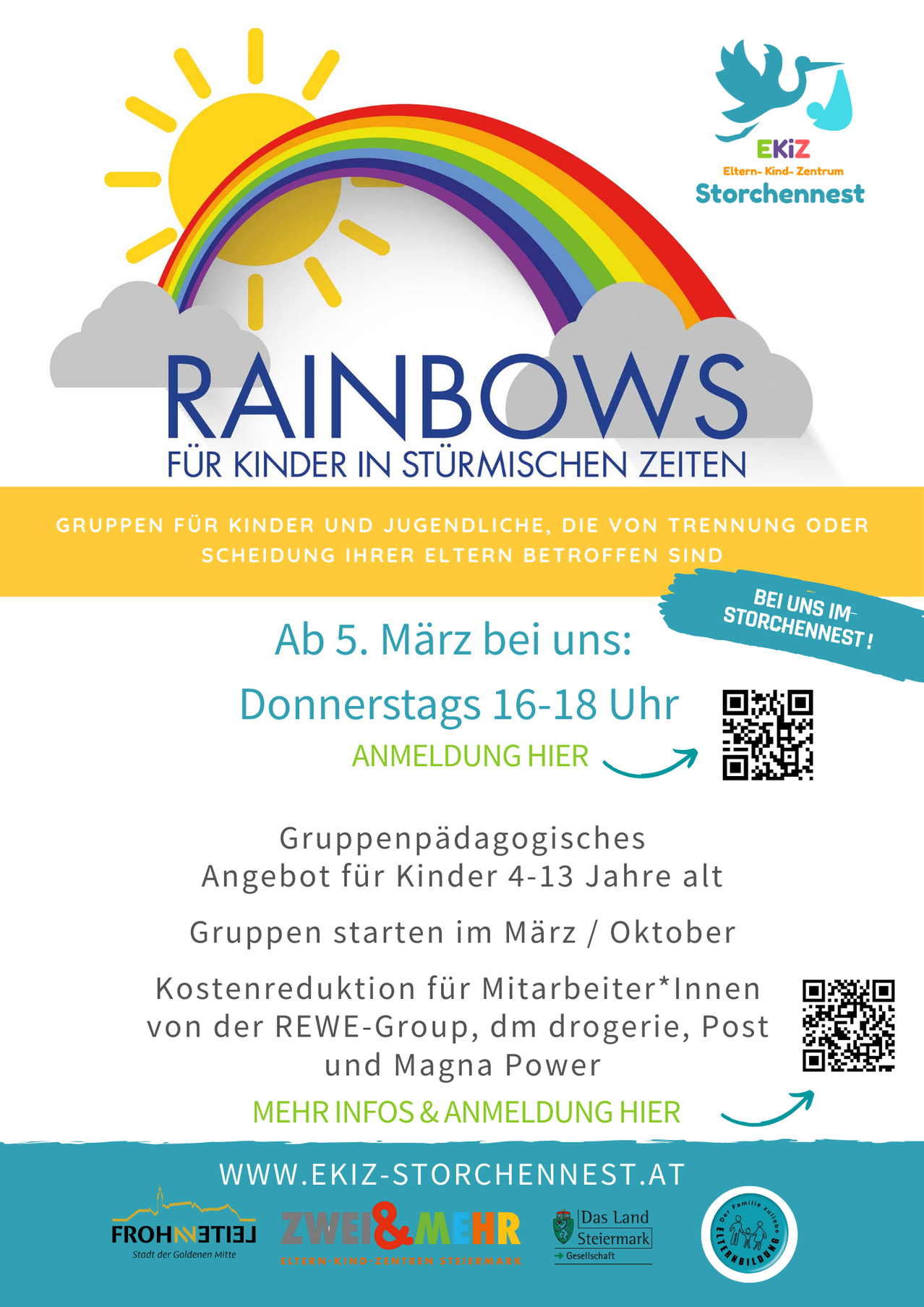 An image featuring a rainbow, sun, and clouds. Below is the text: 'RAINBOWS FOR CHILDREN IN DIFFICULT TIMES.' It is followed by 'GROUPS FOR CHILDREN AND YOUTH AFFECTED BY PARENTS SEPARATION OR DIVORCE.' It further mentions 'From March 5th: Thursdays 4-6 PM.' It also has a QR code. The bottom has details about group activities, starting times, and cost reduction for employees.
