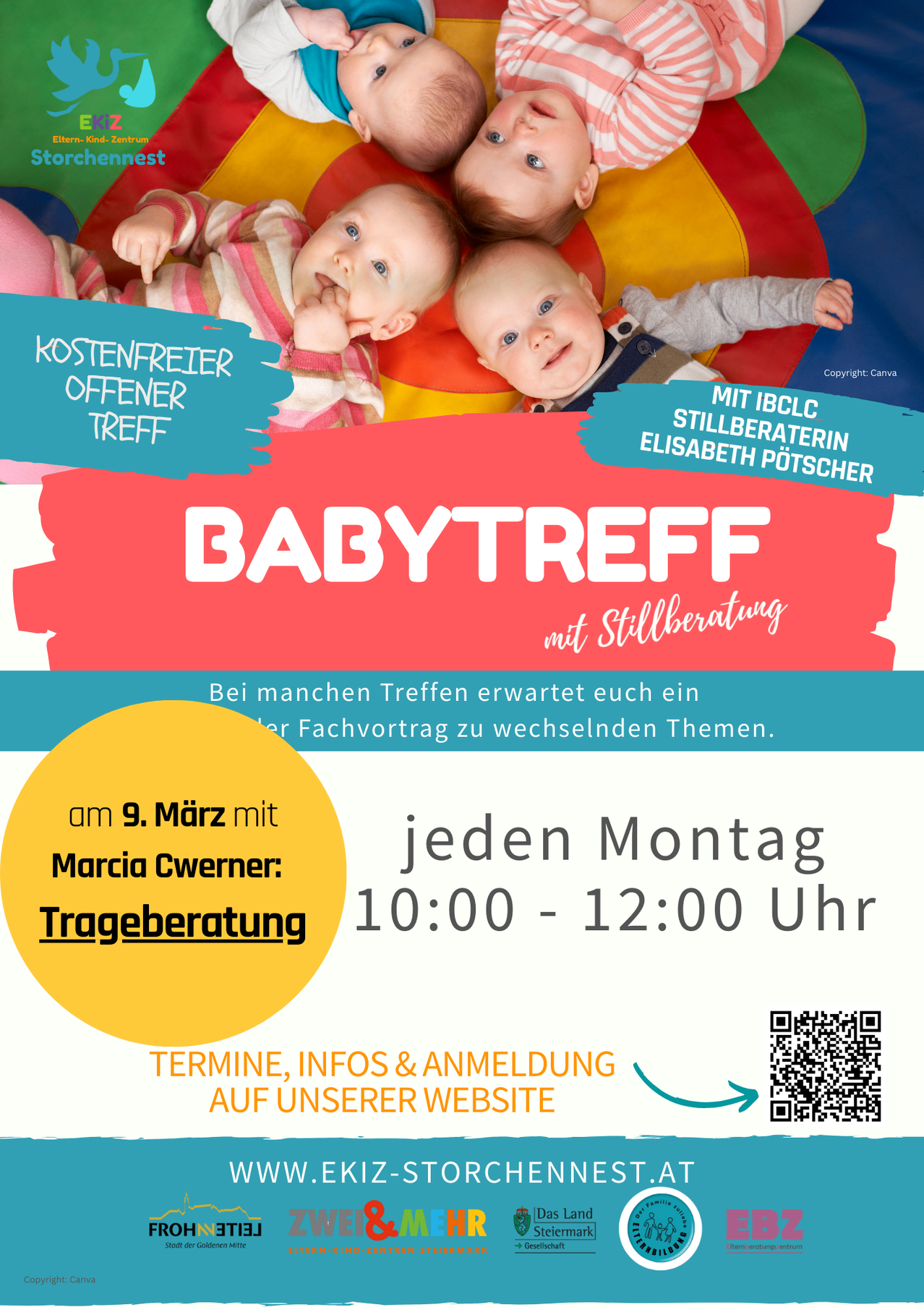 Poster for Babytreff, a free meeting for parents with infants. It features a QR code for registration, a schedule of 10:00-12:00 on Mondays, and an image of smiling babies.