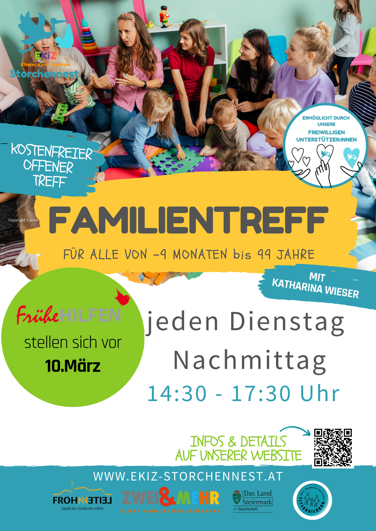 Poster for a free family meeting for children from 9 months to 9 years old. Hosted by Katharina Wiesner every Tuesday from 14:30 to 17:30. Available for information and details.