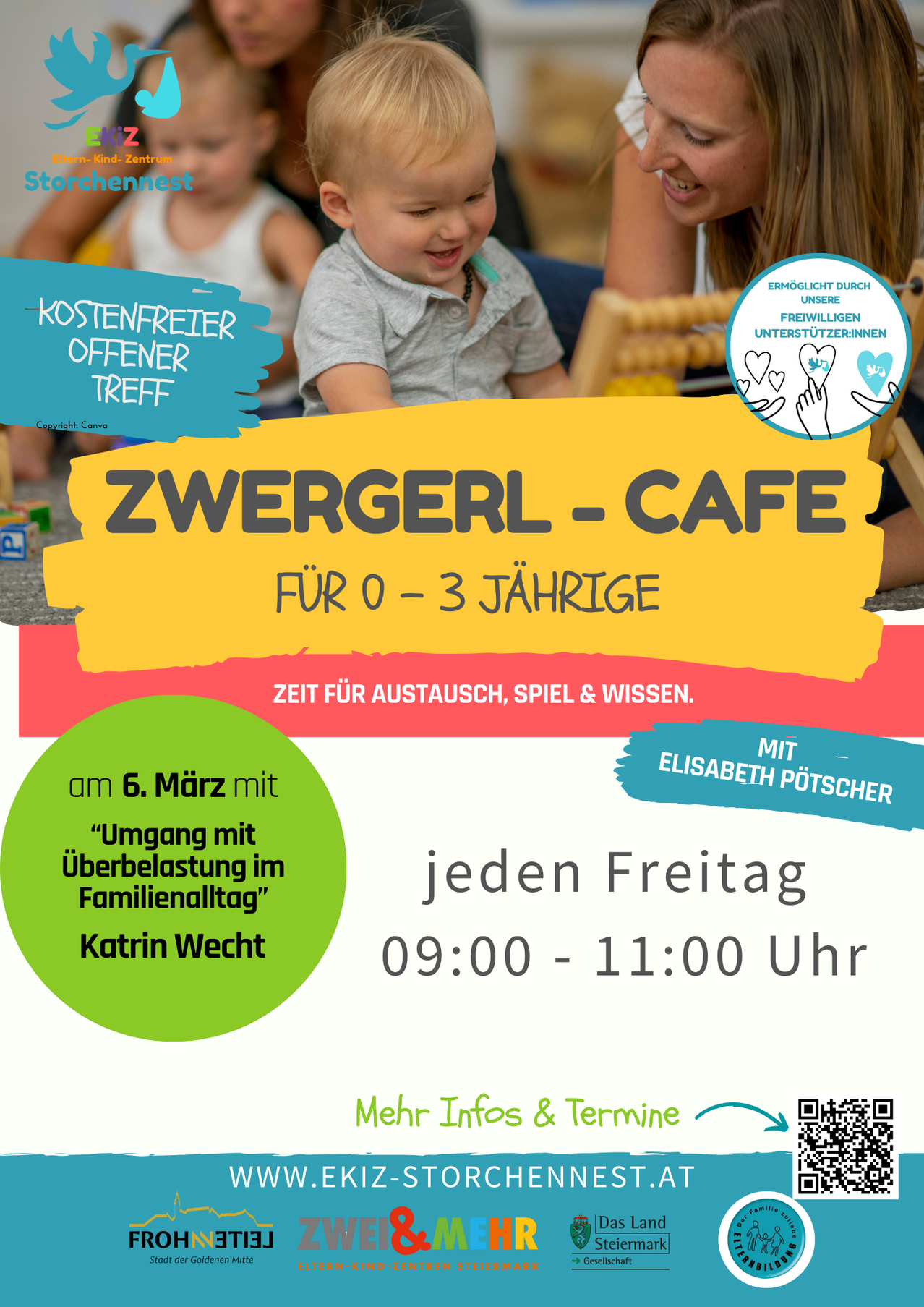 Poster for Zwergerl Cafe, a free event for 0-3 year olds every Friday, hosted by Elisabeth Pötscher. It includes a time of 09:00-11:00 and features a QR code.