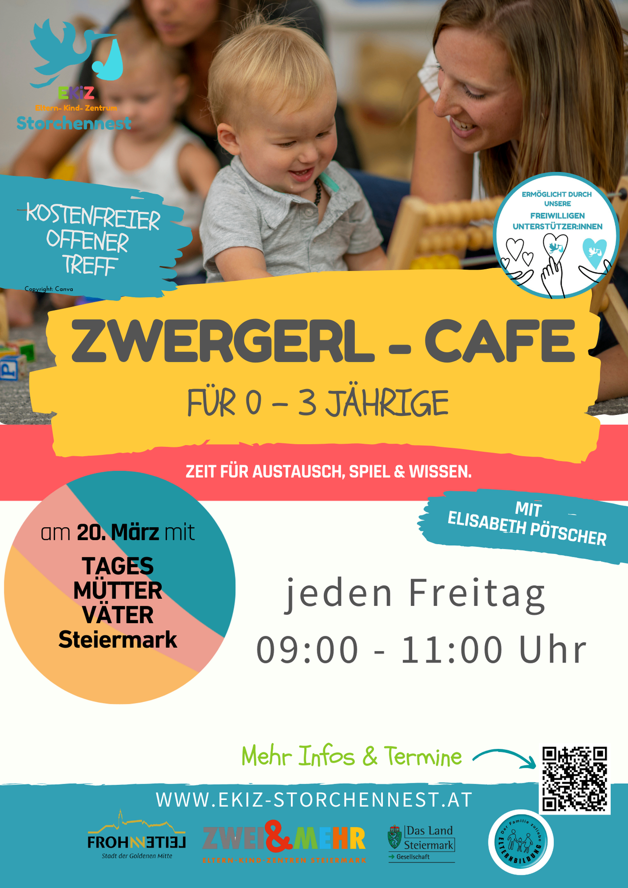 Plakat für das Zwergerl-Café, eine kostenlose Zusammenkunft für Eltern und Kinder im Alter von 0-3 Jahren, veranstaltet von Elisabeth Pötscher. Es findet jeden Freitag von 9:00 Uhr bis 11:00 Uhr in der Steiermark statt.