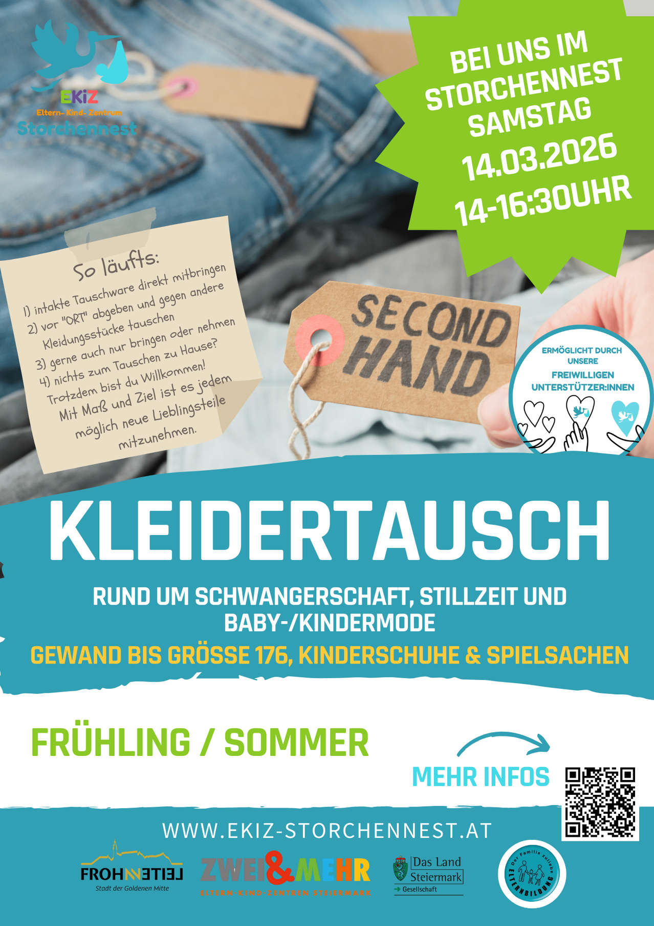 Poster for a clothing swap event. The poster includes a note with exchange rules, a date and time, and a QR code. It's for maternity, nursing, and baby/child fashion, offering sizes up to 176.