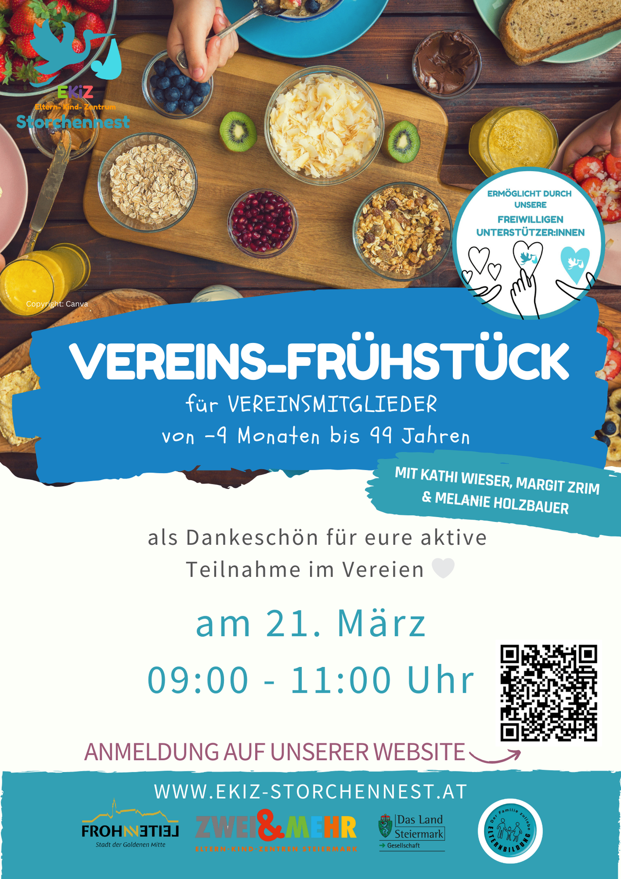 A breakfast event for club members aged 9 months to 99 years, with Kathi Wiesner, Margrit Zrim, and Melanie Holzbauer as a thank you for active participation in the club on March 21 from 9:00 to 11:00 AM. Registration on our website.