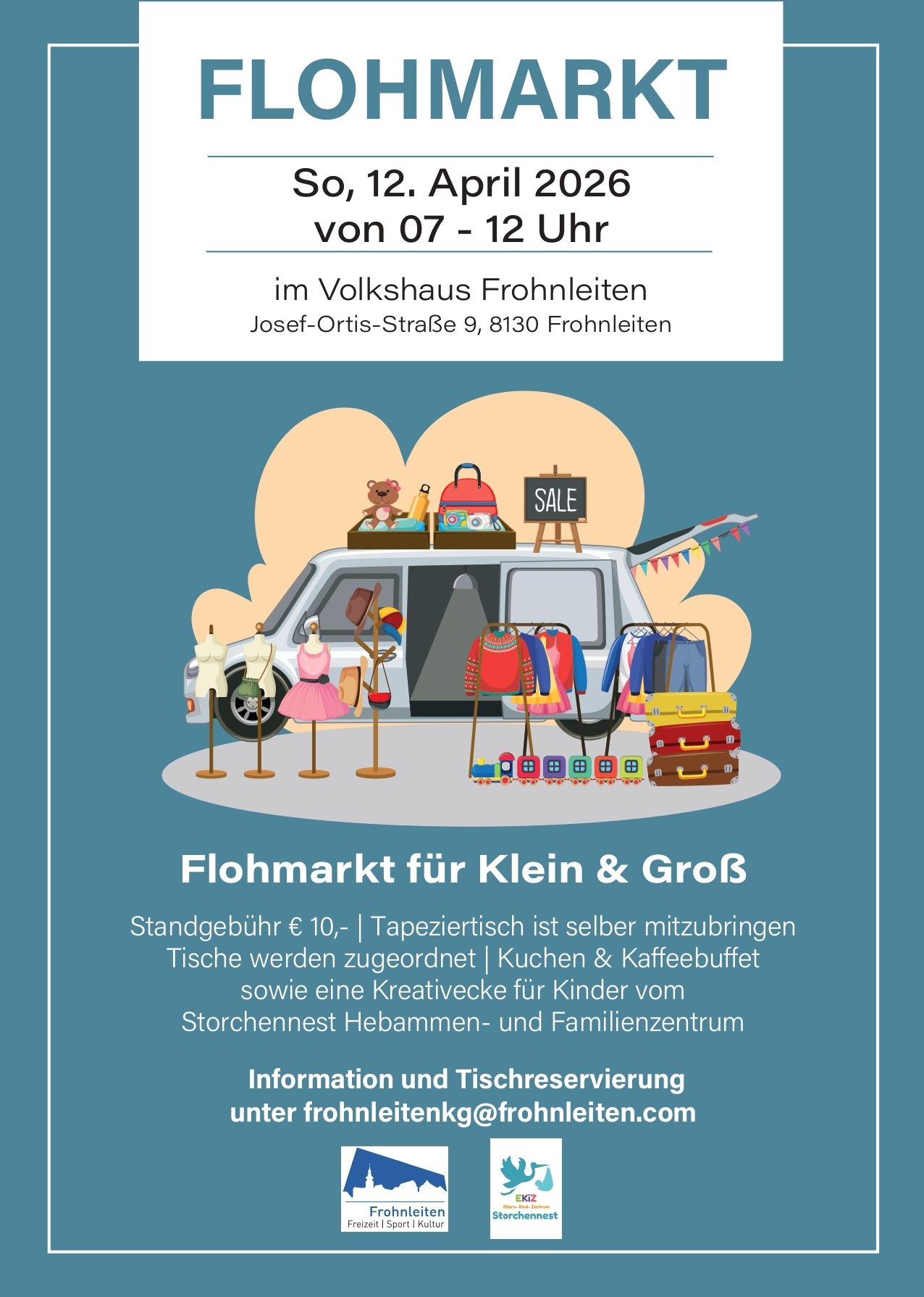 An April 12, 2020, from 07 to 12, a flea market for small and large is held at the Volkshaus Frohnleiten. Entry fee €10. Tables must be brought by the participants. Kitchen and coffee buffet and a creative corner for children are available.