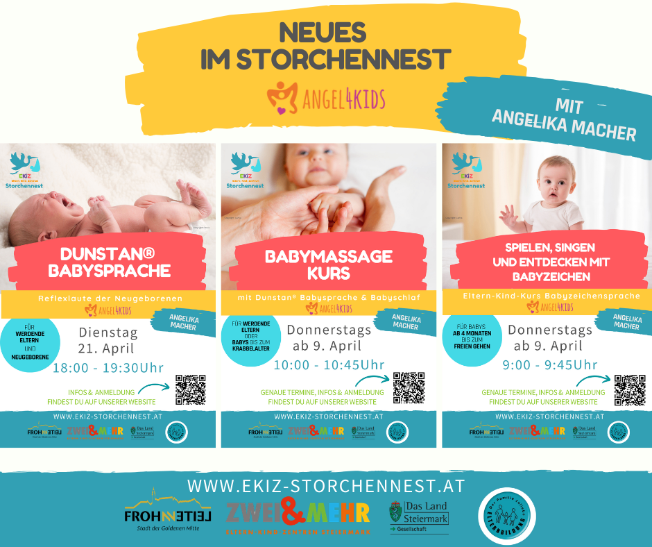 Plakat mit Babymassage, Babysprache und Babyzeichenkursen im Storchennest. Informationen und Anmeldung auf der Website. QR-Code für weitere Details.