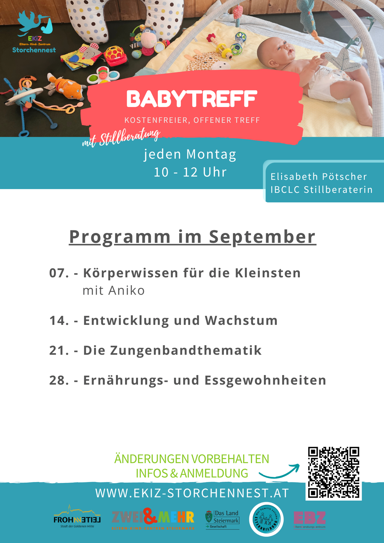 Ein Flyer für Babytreff, ein kostenloser monatlicher Elterntreff für Säuglinge. Das Treffen findet jeden Montag von 10-12 Uhr statt. Das Programm für September umfasst Themen wie Körperwissen für Kleinkinder mit Aniko, Entwicklung und Wachstum, Zungenbandtherapie und Ernährungs- und Essgewohnheiten.