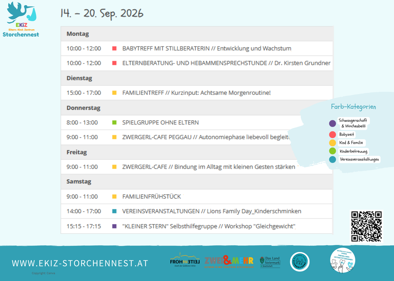 A weekly schedule from September 14 to 20, 2026, with various activities for different days, including baby meetings, family gatherings, and workshops. The schedule is divided into sections for Monday through Saturday.