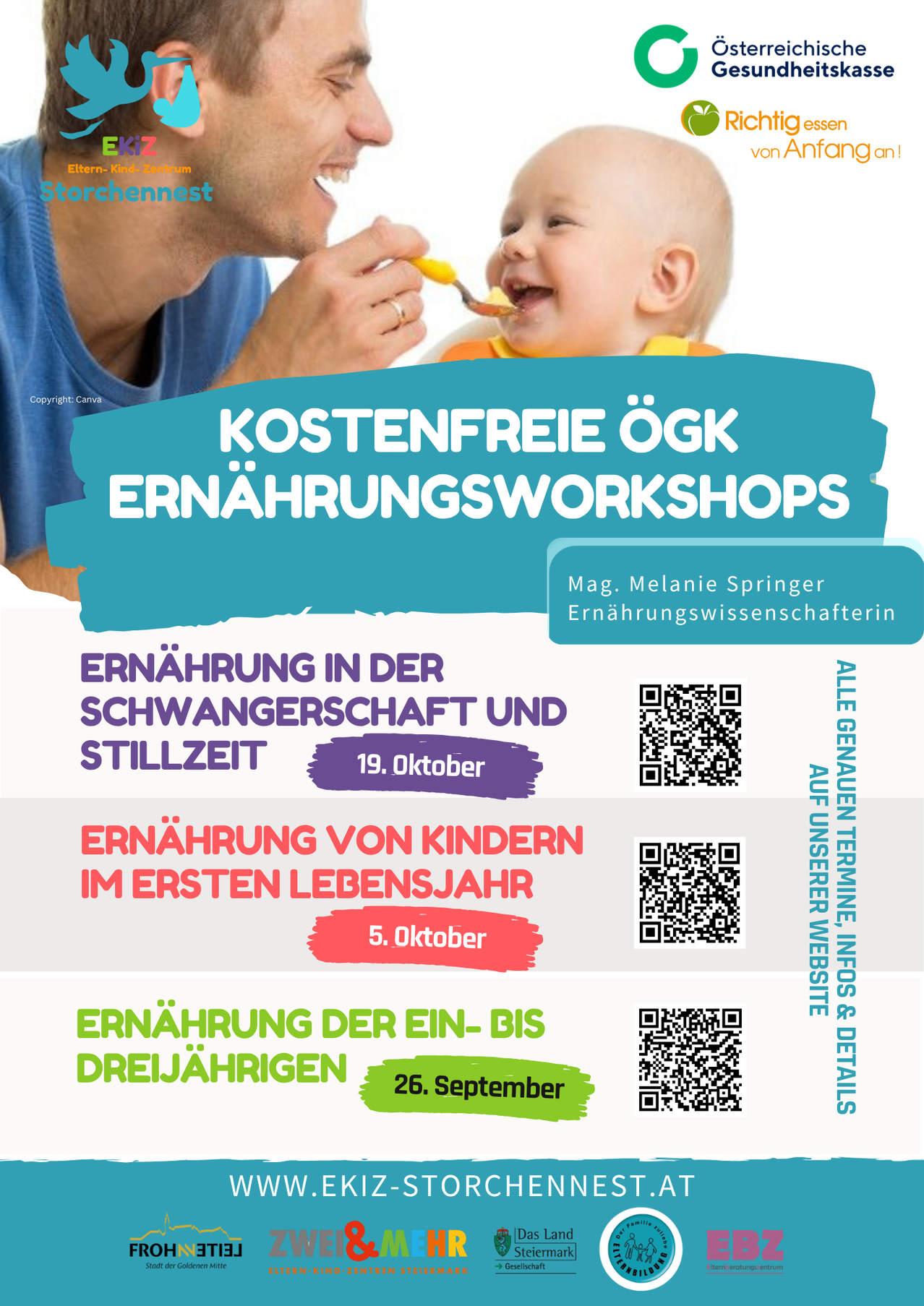 Poster advertising free nutrition workshops. Topics include pregnancy, first year of life, and one to three years. Dates and QR codes for more information.