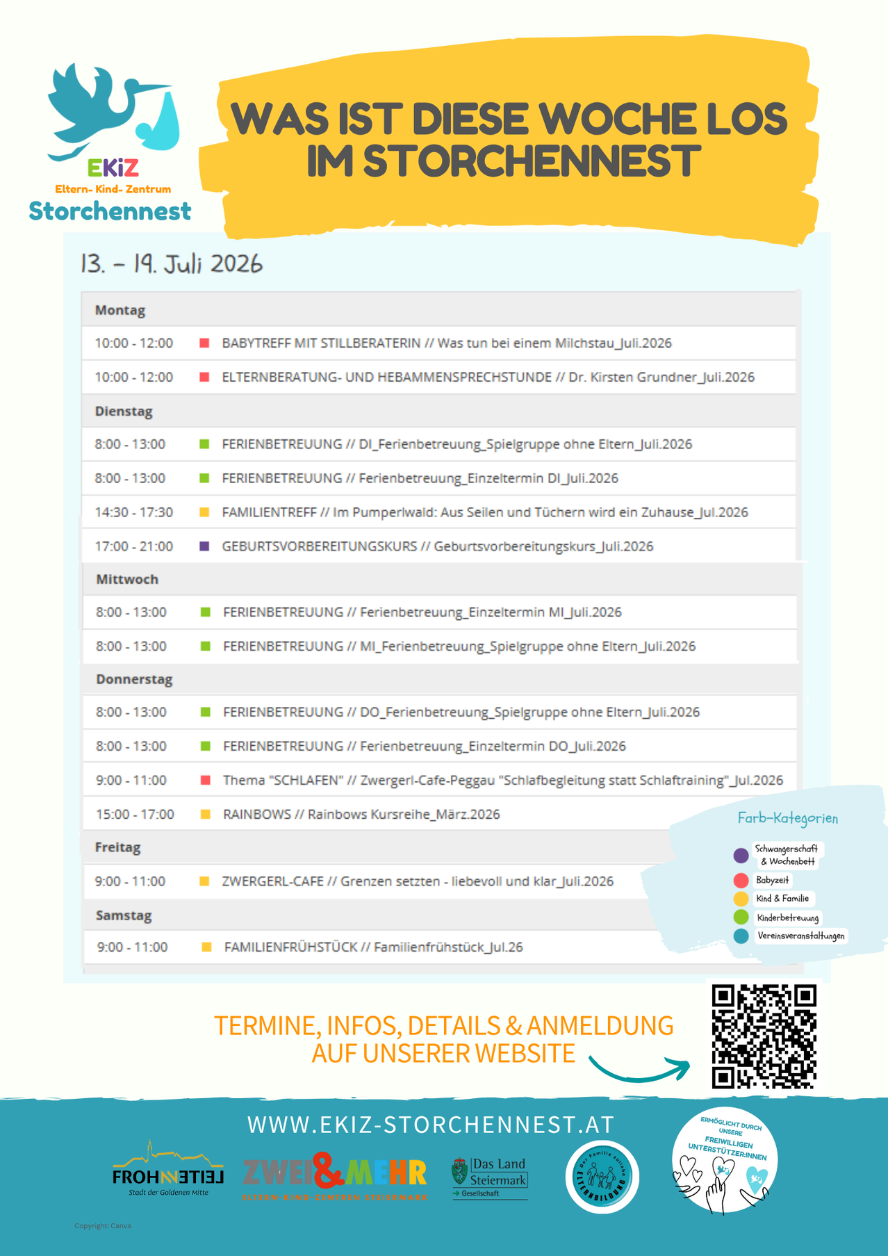 Ein Zeitplan für das Storchennest vom 13. bis 19. Juli 2026 mit verschiedenen Aktivitäten wie Babypflege, Familientreffen und Spielgruppen, mit farbcodierten Kategorien für verschiedene Arten von Veranstaltungen.