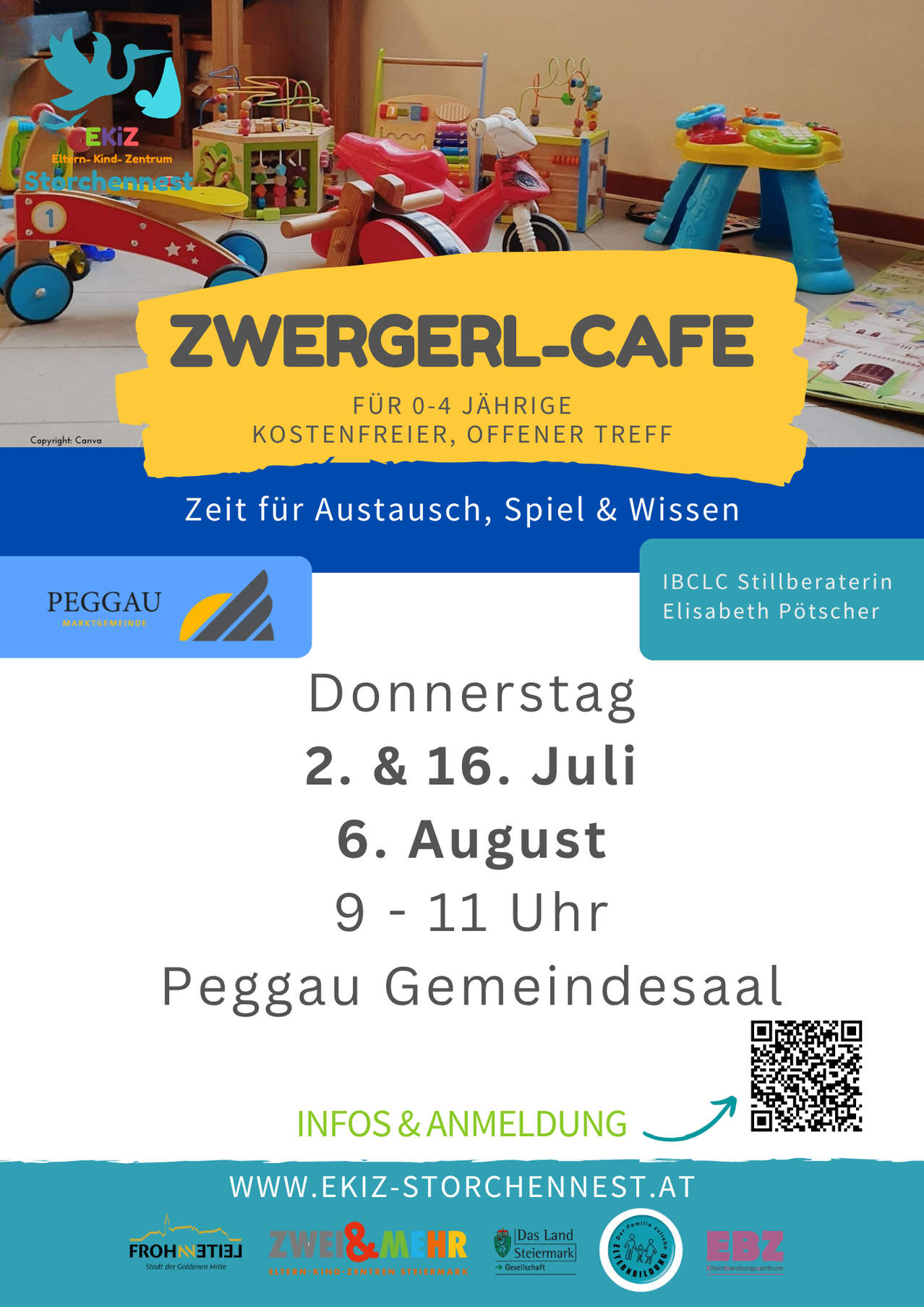 Ein Plakat bewirbt das Zwergerl-Cafe, ein kostenloses Spiel- und Lernzentrum für Kinder im Alter von 0-4 Jahren, mit Terminen für Veranstaltungen im Juli und August. Das Plakat enthält einen QR-Code für weitere Informationen.