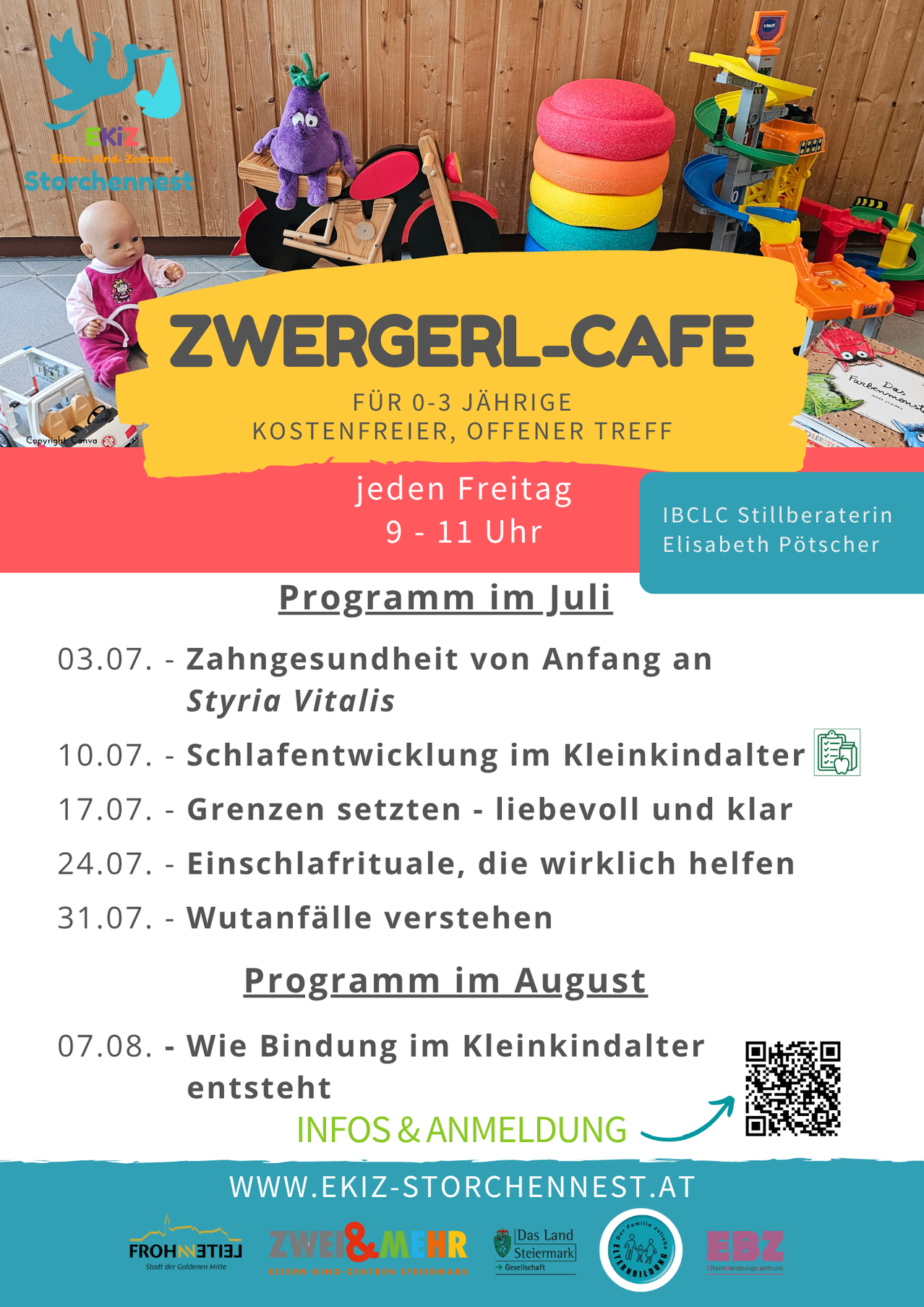 A flyer for Zwergerl-Cafe, a free play area for children aged 0-3, every Friday from 9-11 AM. The flyer lists upcoming programs for July and August.