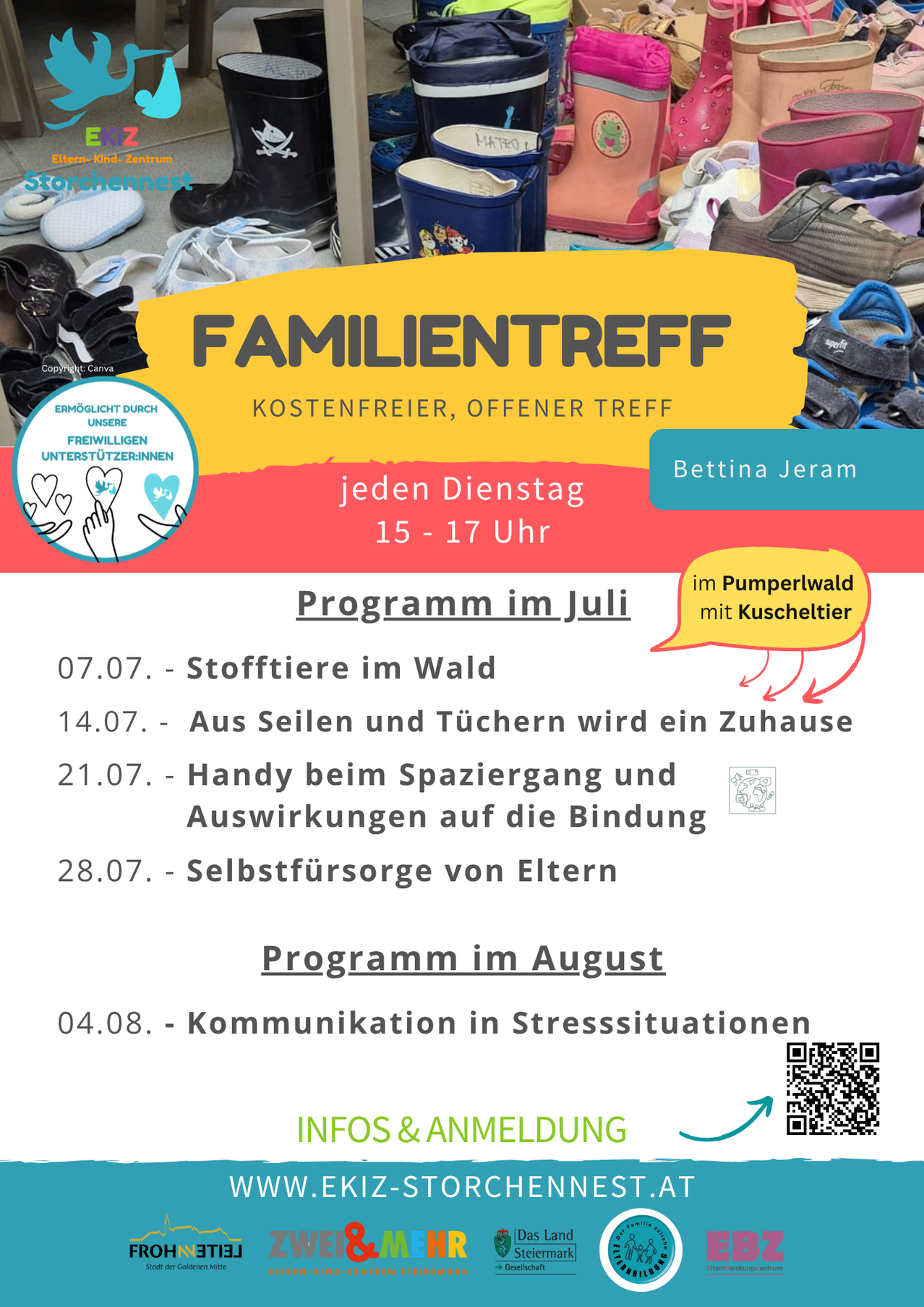 Ein Flyer für ein Familientreffen mit einem gelben Banner, einem Logo mit Herz und Händen und einer Liste von Veranstaltungen im Juli und August. Die Veranstaltungen umfassen das Bauen eines Hauses aus Seilen und Türen, einen Spaziergang im Wald und Selbstfürsorge für Eltern. Der Flyer erwähnt auch einen QR-Code für weitere Informationen.
