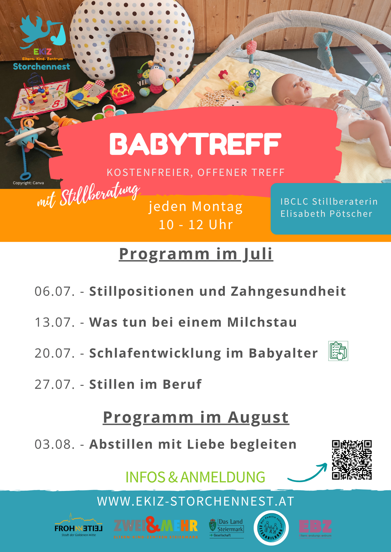A flyer for Babytreff, a free monthly meeting for parents with infants, featuring a baby lying on a bed with toys and a QR code.