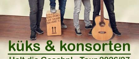 Vier Musiker stehen zusammen mit ihren Instrumenten. Eine Gitarre, ein Akkordeon und eine Kiste sind sichtbar. Das Datum 09. Mai 2026 und die Zeit 20:00 werden angezeigt.