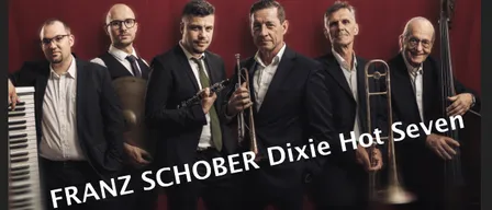 Poster für ein Tribute-Konzert zu Ehren von Louis Armstrong von Franz Schober Dixie Hot Seven, das am 3. Oktober 2026 in Weinburg am Saßbach stattfinden wird.