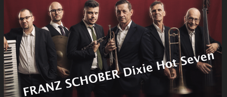 Poster für ein Tribute-Konzert zu Ehren von Louis Armstrong von Franz Schober Dixie Hot Seven, das am 3. Oktober 2026 in Weinburg am Saßbach stattfinden wird.