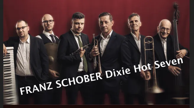 Poster für ein Tribute-Konzert zu Ehren von Louis Armstrong von Franz Schober Dixie Hot Seven, das am 3. Oktober 2026 in Weinburg am Saßbach stattfinden wird.