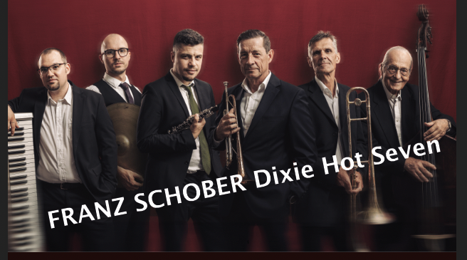 Poster für ein Tribute-Konzert zu Ehren von Louis Armstrong von Franz Schober Dixie Hot Seven, das am 3. Oktober 2026 in Weinburg am Saßbach stattfinden wird.