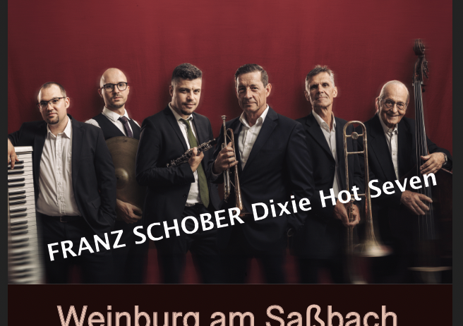 Poster für ein Tribute-Konzert zu Ehren von Louis Armstrong von Franz Schober Dixie Hot Seven, das am 3. Oktober 2026 in Weinburg am Saßbach stattfinden wird.