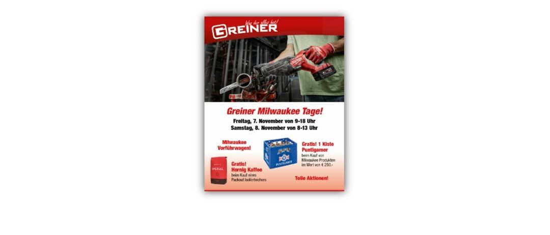 Greiner Milwaukee Flyer für eine Werbeaktion in Milwaukee. Kostenloser Kaffee und eine Preisverlosung, gültig von Freitag, 7. November 9-18 Uhr bis Samstag, 8. November 9-13 Uhr.