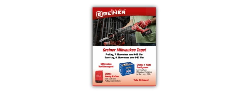 Greiner Milwaukee Flyer für eine Werbeaktion in Milwaukee. Kostenloser Kaffee und eine Preisverlosung, gültig von Freitag, 7. November 9-18 Uhr bis Samstag, 8. November 9-13 Uhr.