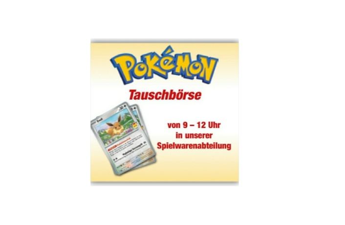 Pokemon-Sammelkartenspiel-Event-Poster mit Pokemon-Kartenabbildung und Veranstaltungsdetails auf Deutsch. Die Veranstaltung ist von 9-12 Uhr.