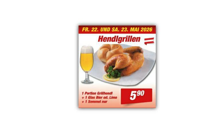 Aktion am Freitag, den 22. und Samstag, den 23. Mai 2026. Gegrilltes Hähnchen auf einem Teller, begleitet von einem Glas Bier, Bier oder Limette und einem Brezel. Preis 5,90.