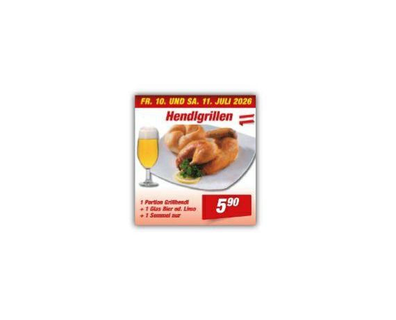 Eine Werbung für ein Sonderangebot für Hähnchen und Bier, gültig am Freitag, den 10. Juli, und Samstag, den 11. Juli 2026. Das Angebot umfasst eine Portion gegrilltes Hähnchen, ein Glas Bier und eine Beilage Sauerkraut für 5,90.