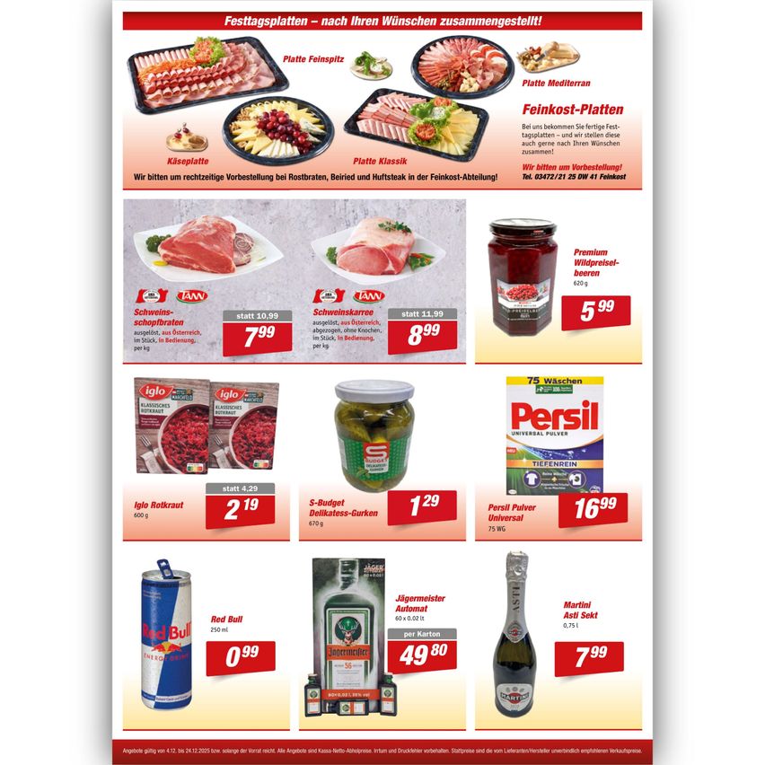 Eine Werbung für Feinkost-Platten bietet Platten mit Fleisch und Aufschnitt. Die Preise werden mit einem Rabatt daneben angezeigt. Es gibt Bilder der Produkte und deren Gewichte.