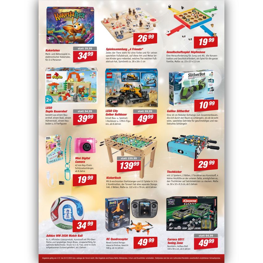 Katalog mit verschiedenen Spielzeugen wie Kakelalex, LEGO City Builder, SlitherBot, Kickerisch und Carrera GO!! Produkten. Preise und Altersempfehlungen sind angegeben. Rabatte gelten.