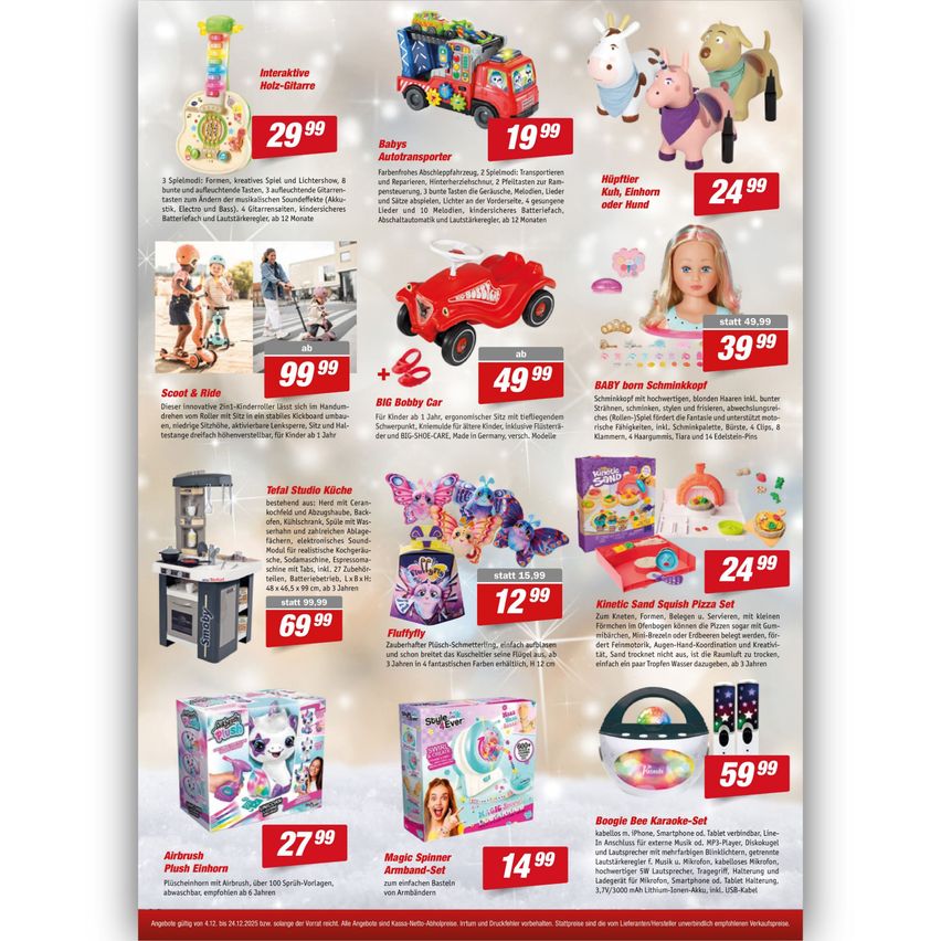 Ein Katalog mit verschiedenen Kinderspielzeug. Die Preise sind angegeben und jedes Spielzeug wird kurz mit seinen Eigenschaften beschrieben. Interaktive Spielzeuge, Fahrspielzeuge und Küchensets sind zu sehen. Das Bild zeigt Bilder jedes Spielzeugs, ihre Preise und Werbeangebote.
