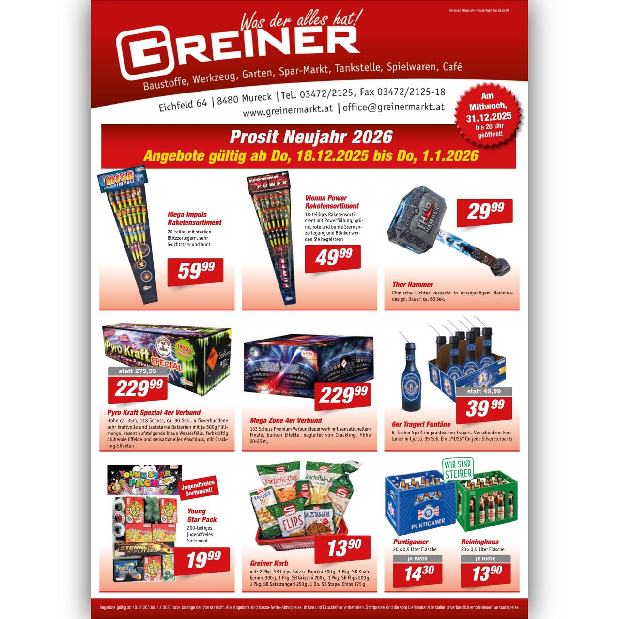 Greiner Marktflyer mit rotem Hintergrund, der Verkäufe für das neue Jahr 2026 anbietet. Produkte umfassen Feuerwerk, Hämmer, Bier und mehr. Kontaktdaten und Website enthalten.