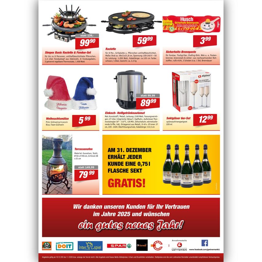 Werbeflyer mit verschiedenen Produkten: ein Grillset, Fondue-Set, Schnellkochtopf und Weingläser. Jedes Produkt hat einen Preis und eine Beschreibung. Rechts gibt es ein kostenloses Angebot von 0,751 Liter Sekt für jeden Kunden am 31. Dezember. Der Flyer enthält eine Dankesbotschaft an die Kunden.